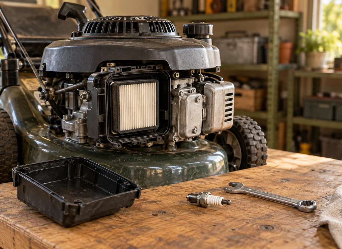 A lawn mower with an exposed air filter sits beside a spark plug and wrench on a workshop bench.
