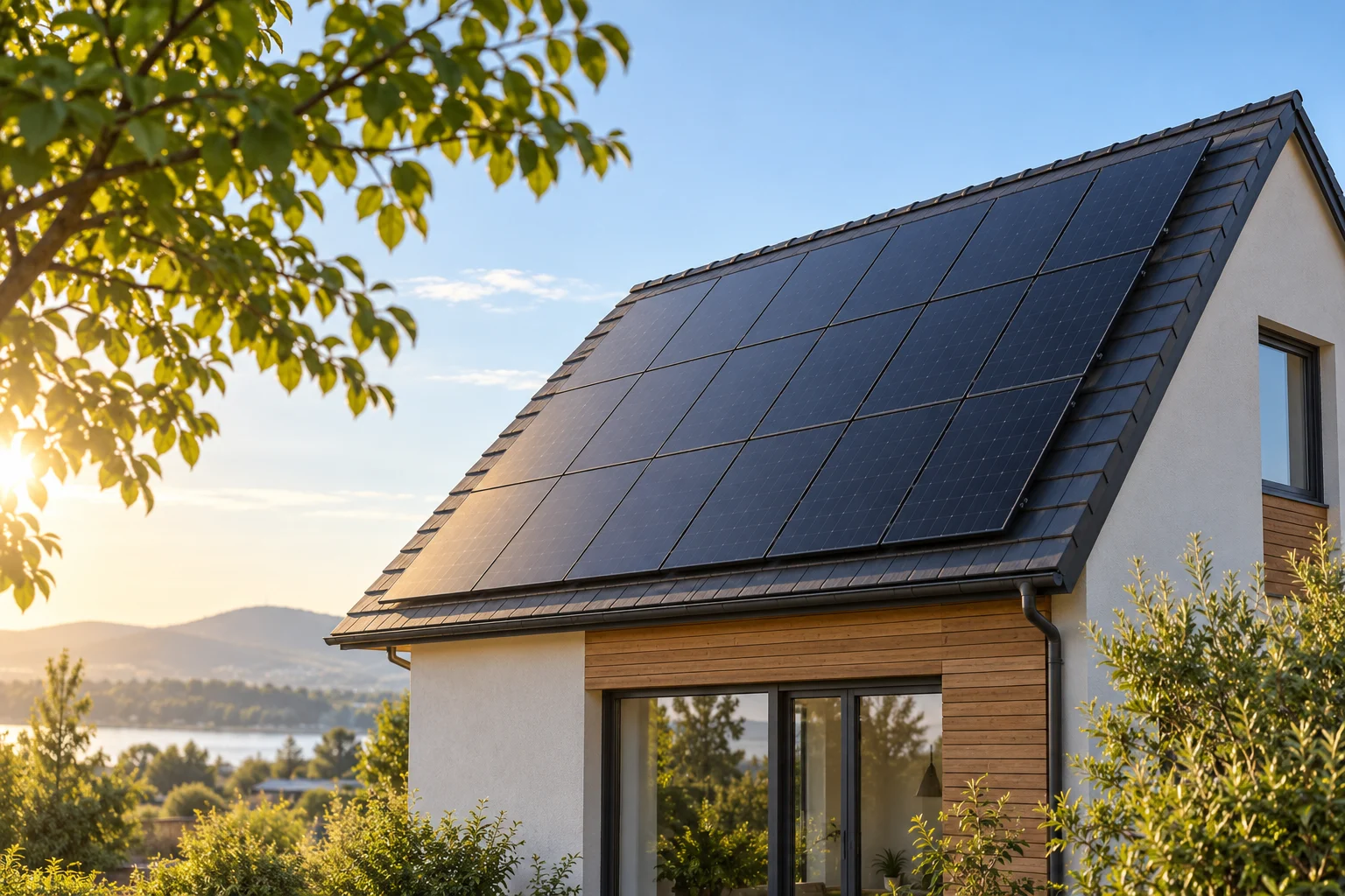 Dark solar panels cover a sloping house roof surrounded by trees in low sunlight.