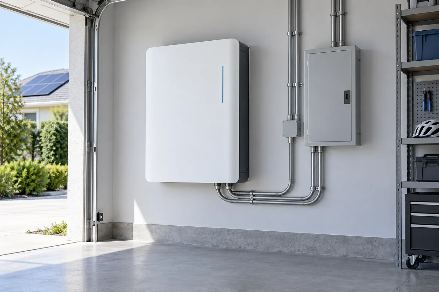 A white wall-mounted battery and electrical panel connect through metal conduits in a garage.