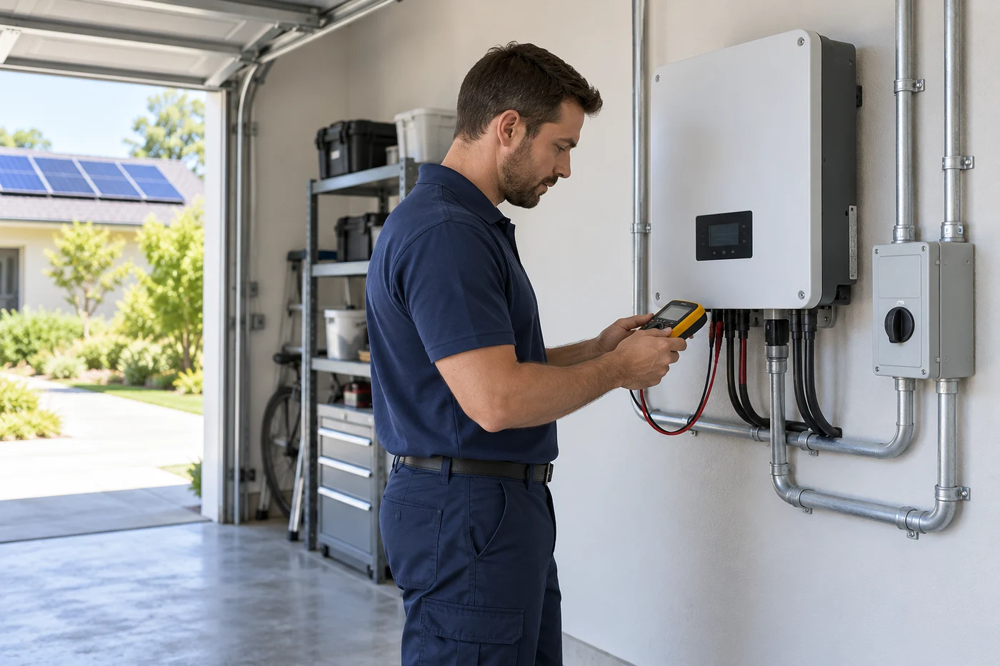 A technician uses a handheld meter beside a wall-mounted inverter in a garage.