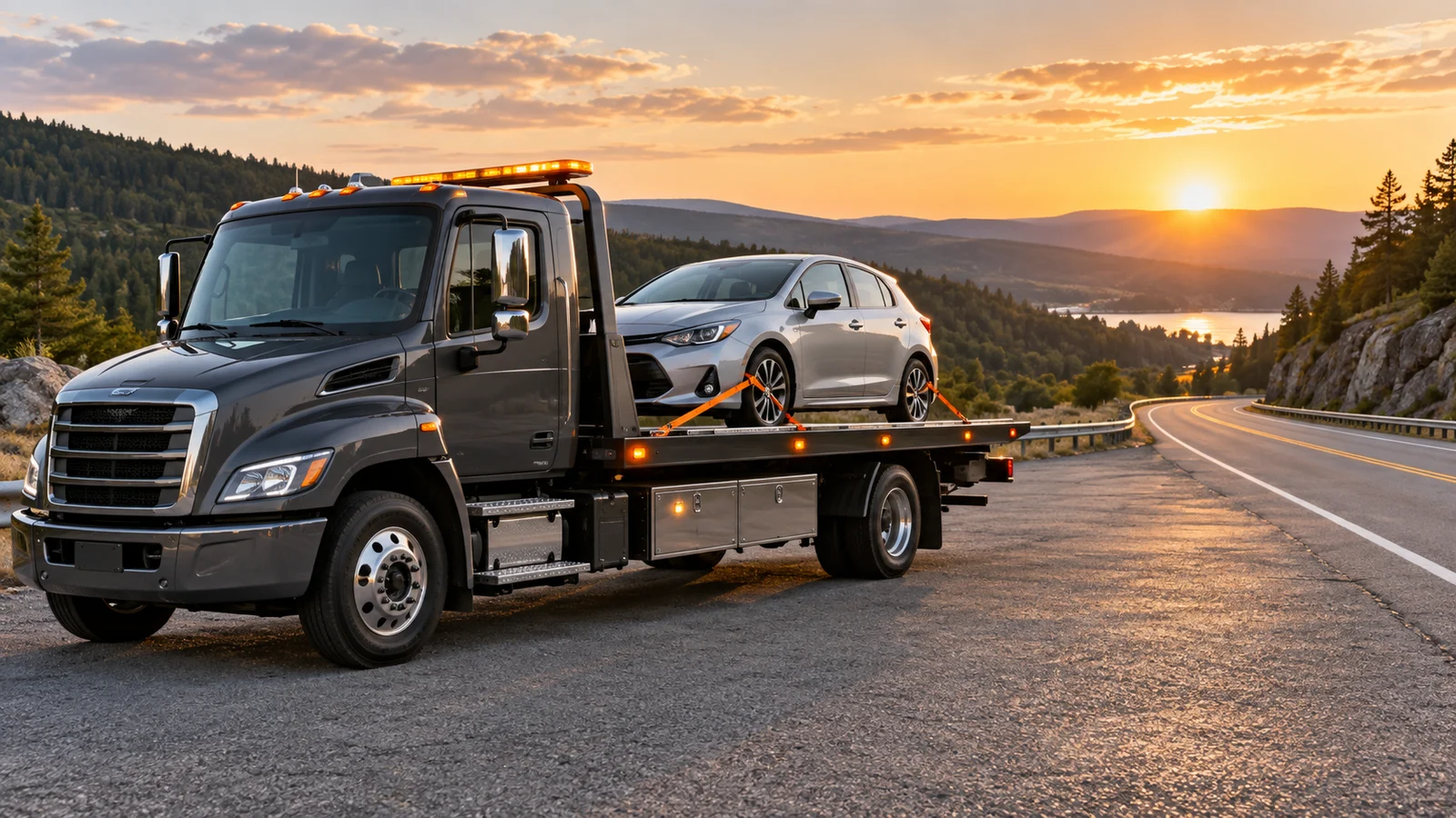 Plain flatbed recovery truck carrying a car at a wide roadside turnout