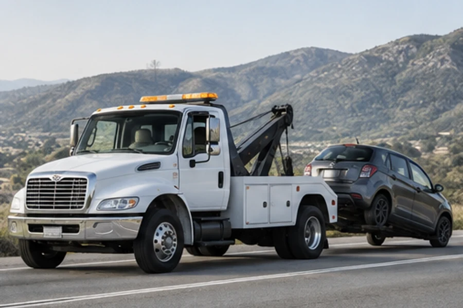 A white tow truck pulls a gray hatchback with its front wheels raised on a mountain road.