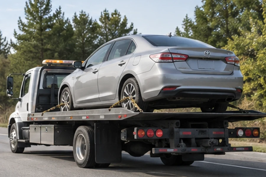 A flatbed tow truck carries a silver sedan along a tree-lined road.