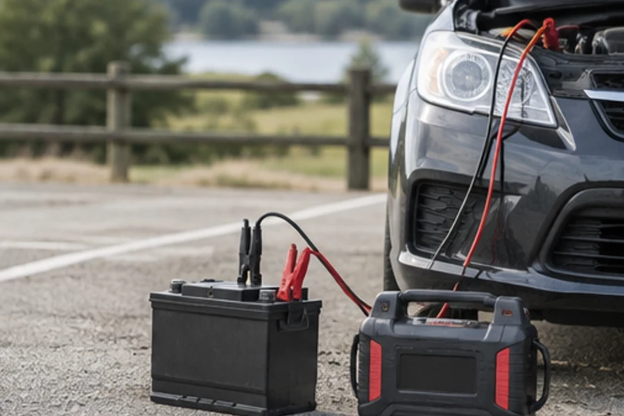 A car with its hood open stands beside a battery, jumper cables, and a portable power unit.