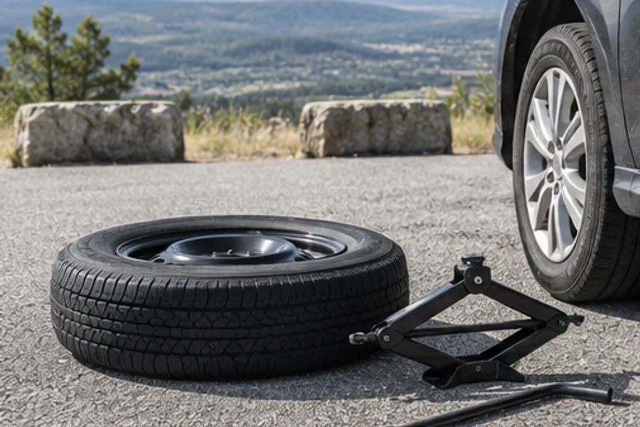 A spare tire, scissor jack and wrench sit on pavement beside a parked car.
