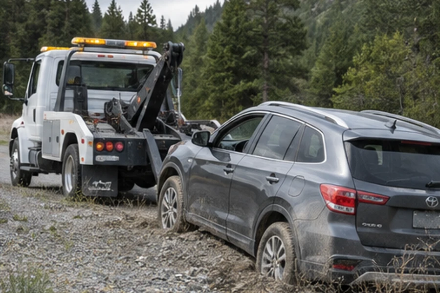 A tow truck is positioned in front of a gray SUV on a gravel track beside a forest.