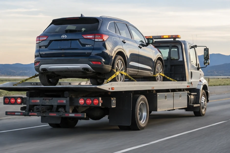 A flatbed tow truck carries a dark SUV secured with straps along a paved road.