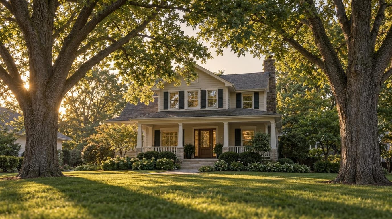 Two-storey home framed by two large healthy shade trees at golden hour