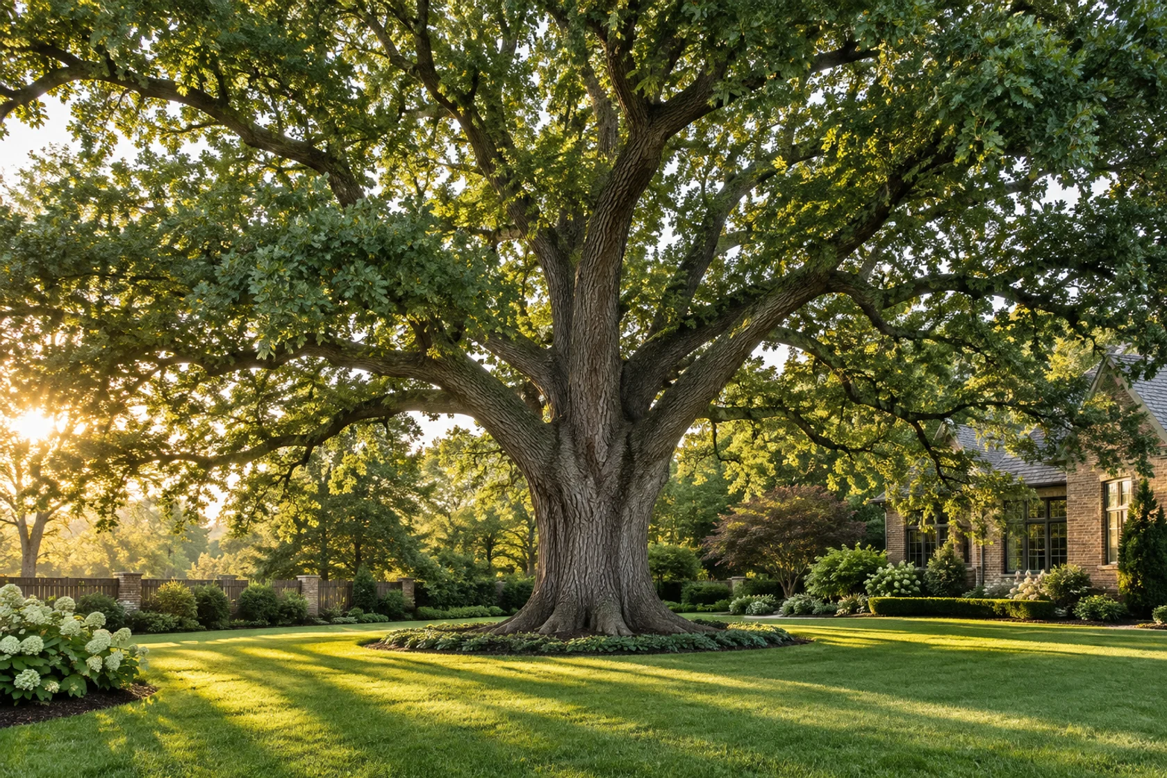 Mature oak canopy and textured trunk in a peaceful residential garden