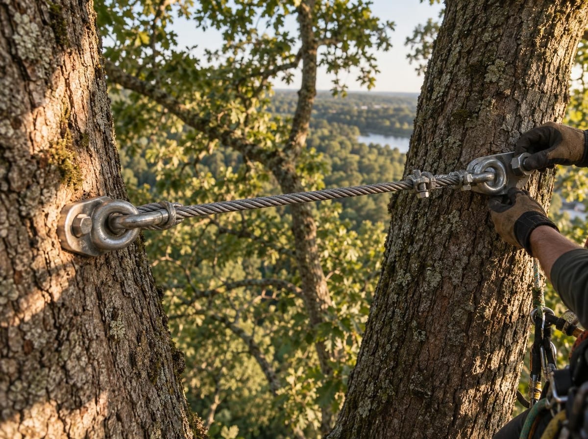 Steel cable and hardware installed between two leaders inside a mature canopy