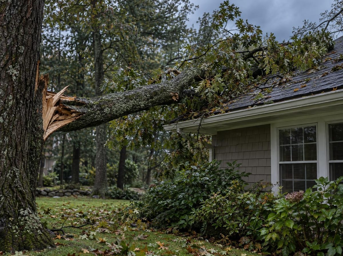 Broken limb resting across the edge of a shingled roof after a storm