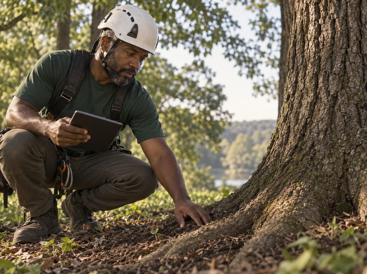 Arborist examining the root flare and soil at the base of a mature tree