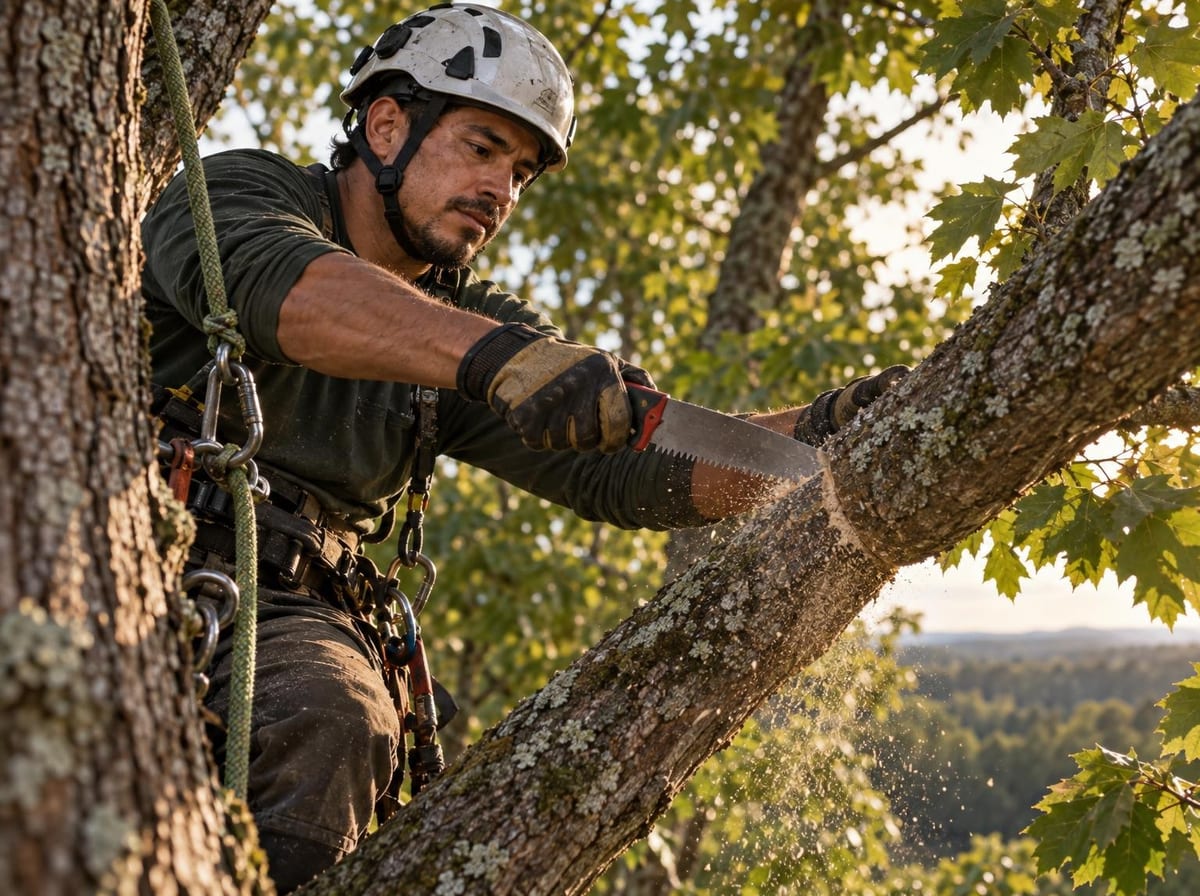 Arborist making a clean reduction cut on a maple limb with a handsaw