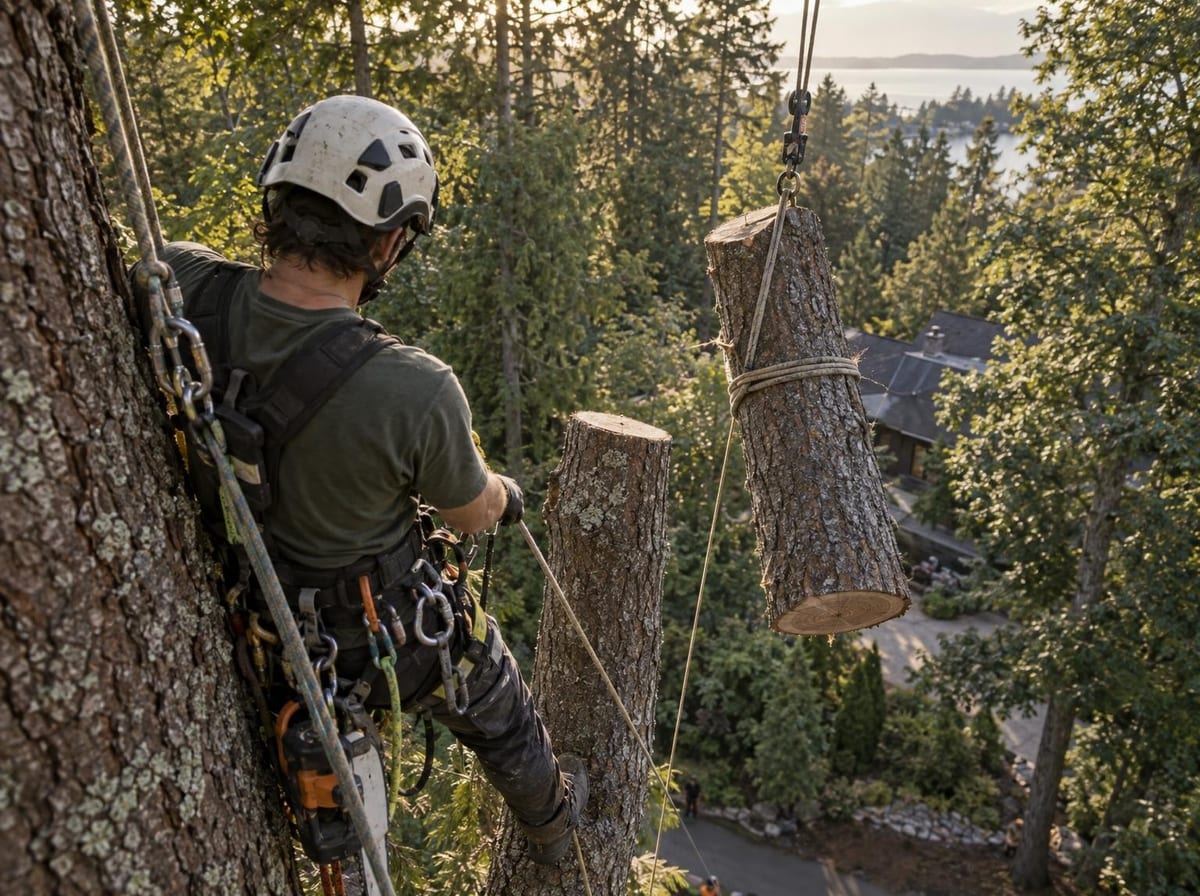 Large trunk section suspended on rigging ropes during a controlled tree removal