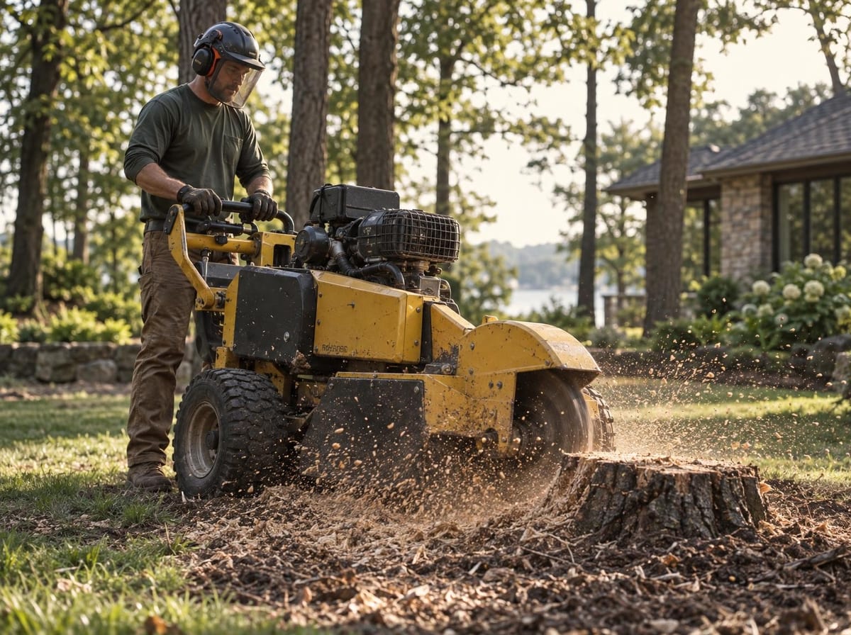 Stump grinder cutting a low stump on a residential lawn