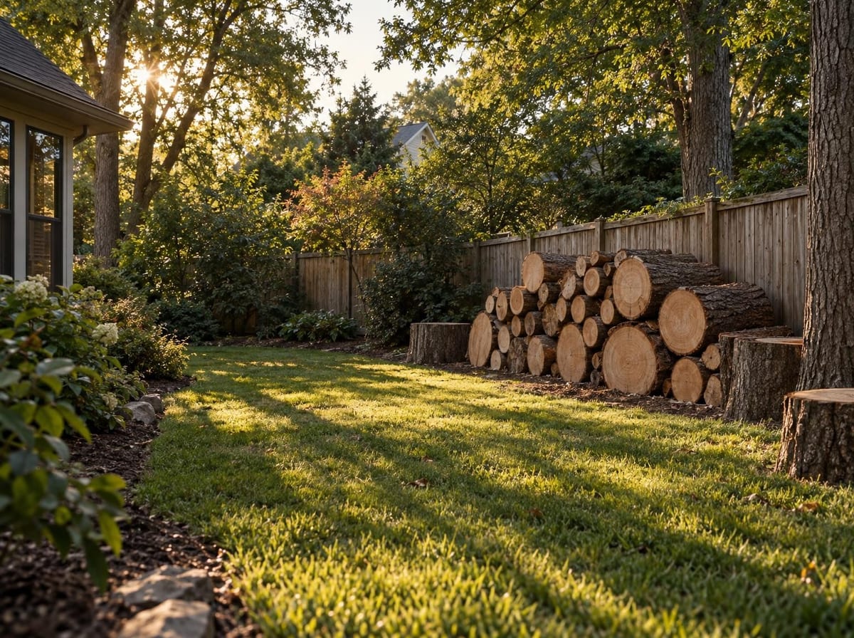 Cut logs and tree stumps sit beside a wooden fence in a grassy backyard.