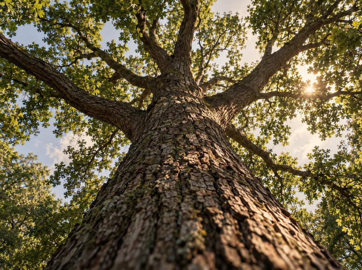An upward view follows a large tree trunk into spreading branches and green leaves lit by sunlight.