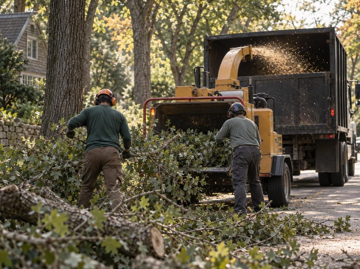 Two workers feed branches into a wood chipper that blows chips into a truck on a residential street.