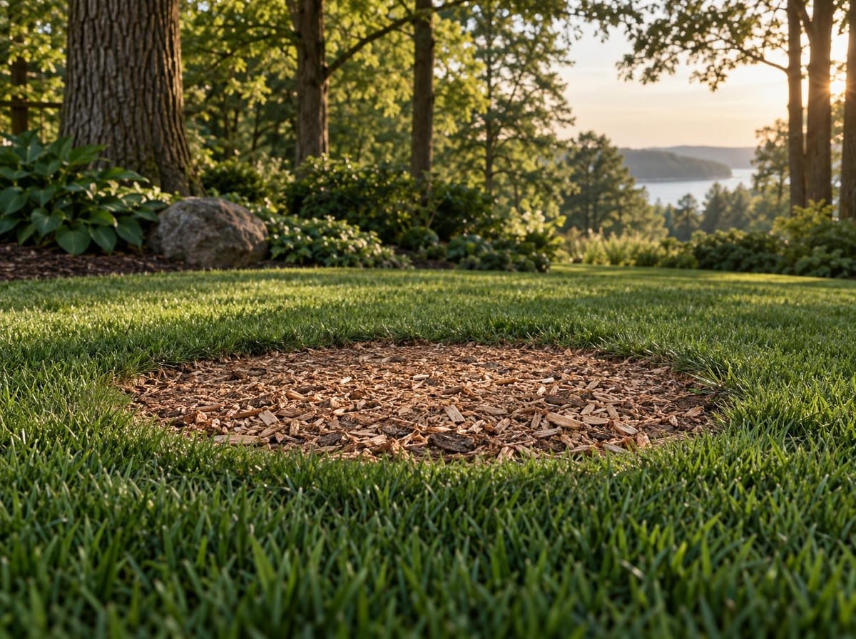 A circular patch of wood chips interrupts a green lawn surrounded by trees and garden plants.