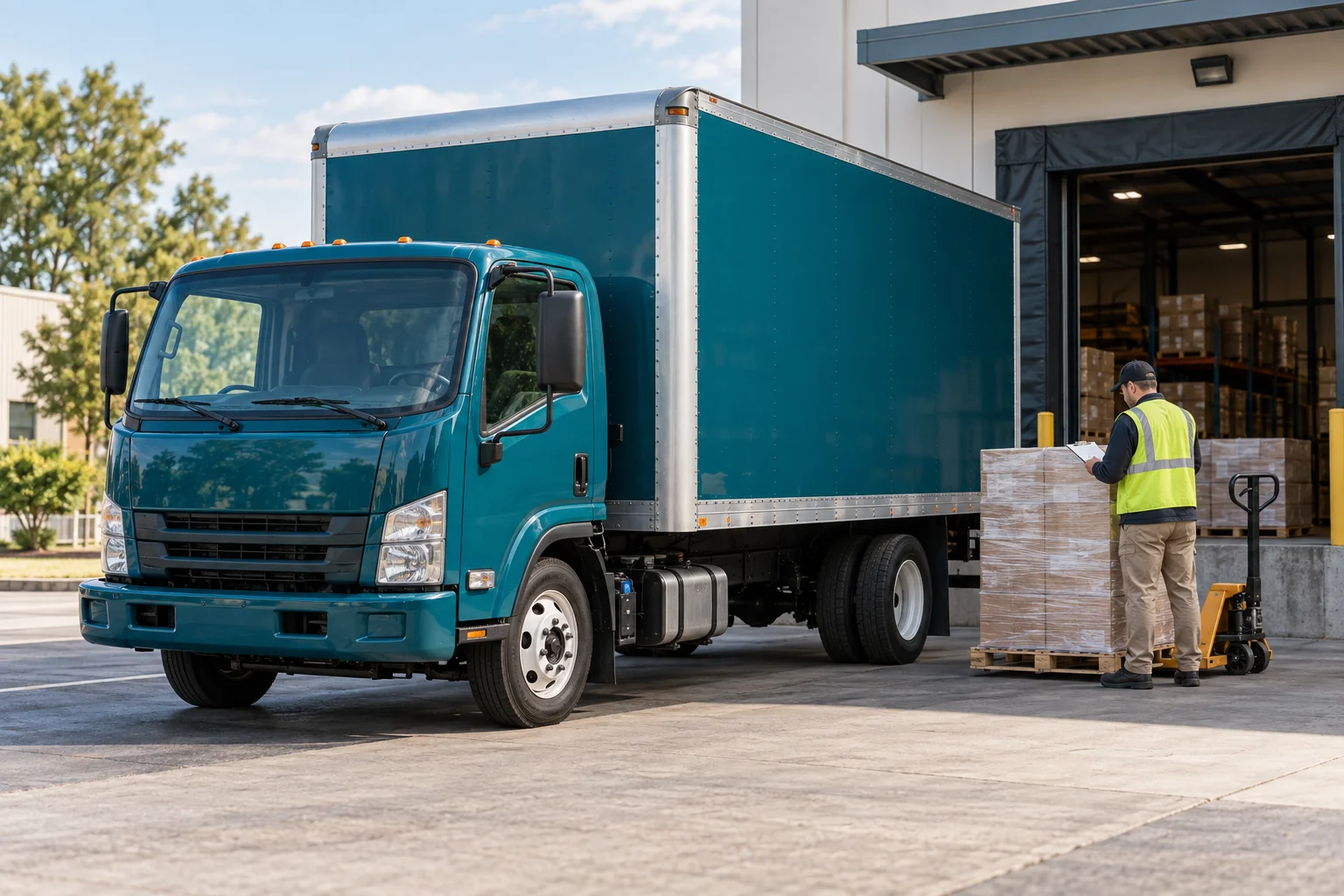 A worker checks paperwork beside a wrapped pallet and a box truck outside a warehouse.