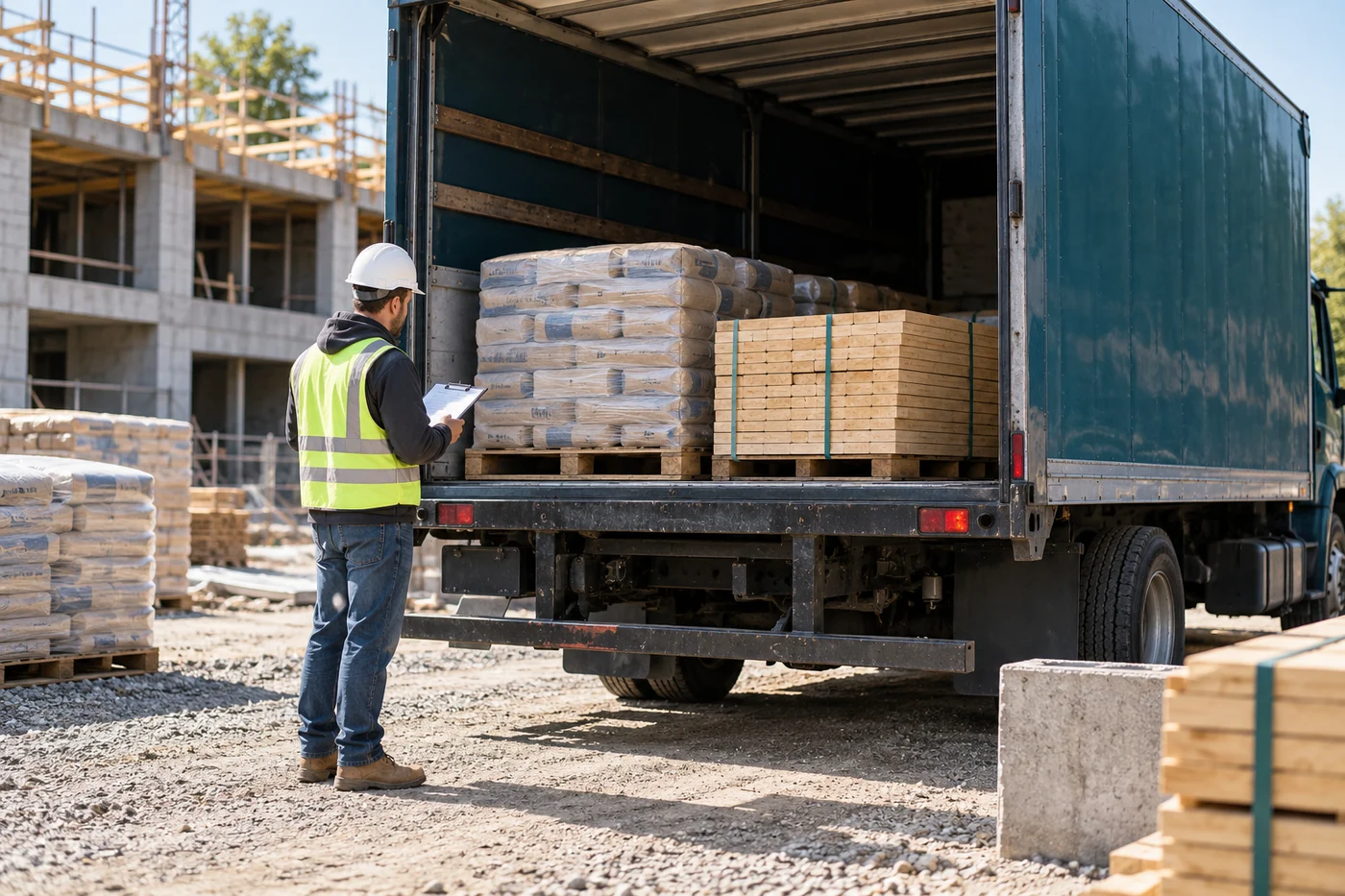 A worker with a clipboard stands behind a truck loaded with building materials at a construction site.