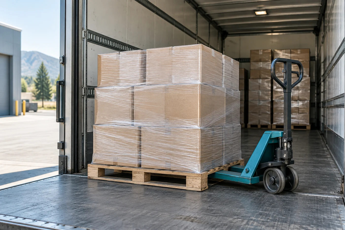 Wrapped cardboard boxes sit on wooden pallets beside a pallet jack inside a delivery truck.