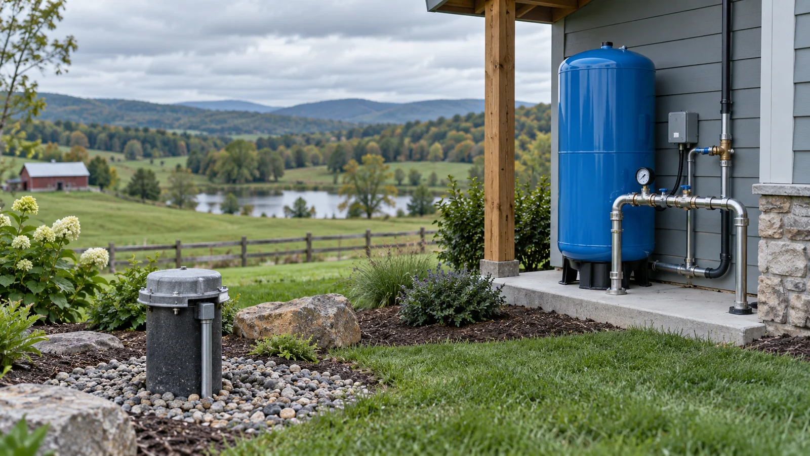 Water-well head and pressure-system equipment near a rural home