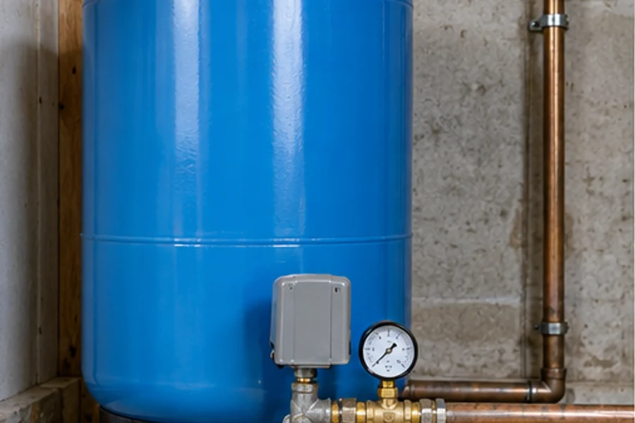 A blue pressure tank connects to copper pipes beside a pressure gauge and gray control box.