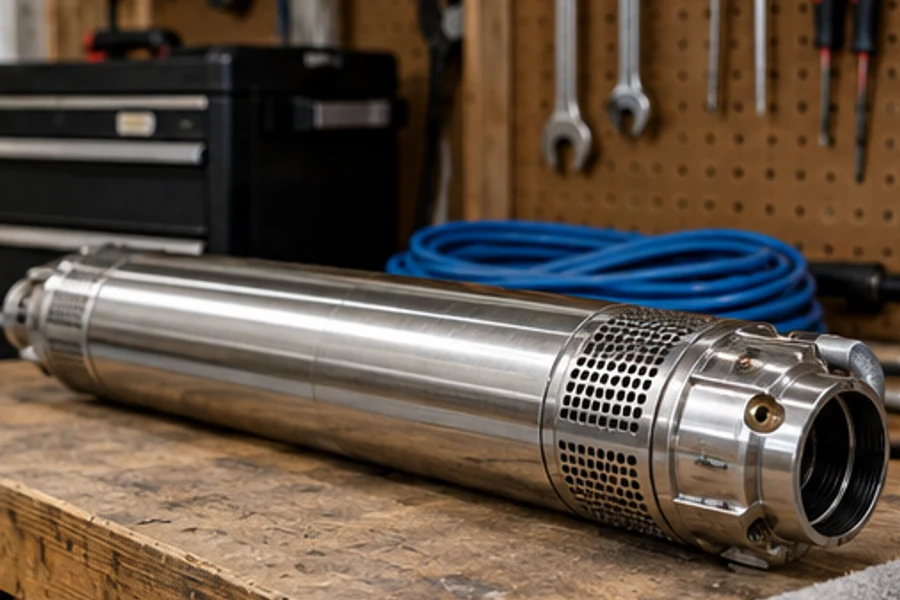 A cylindrical stainless steel pump rests on a wooden workbench beside coiled blue cable and hanging tools.