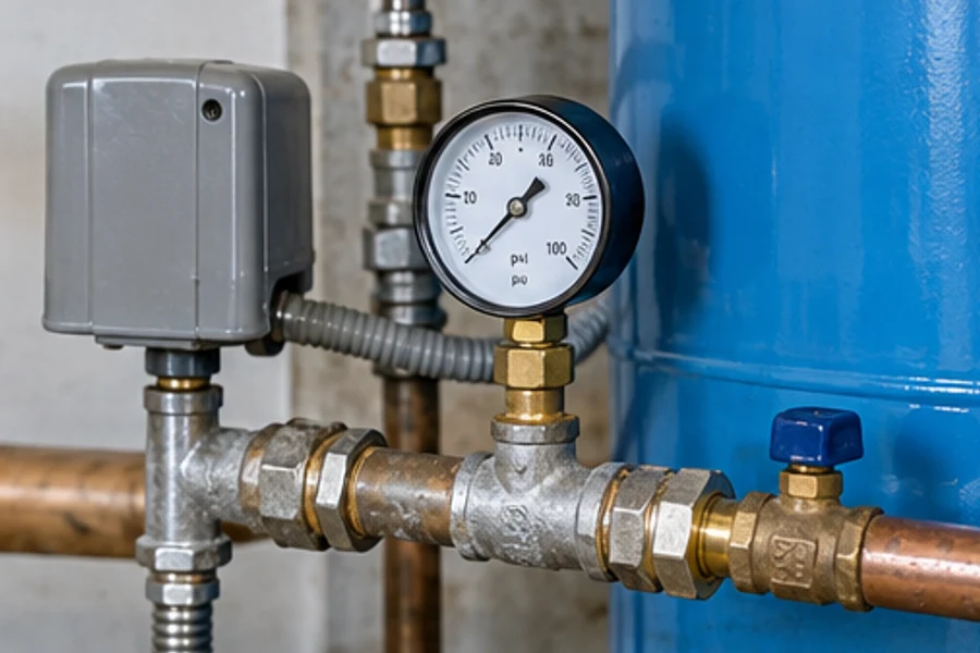 A pressure gauge, switch and shutoff valve connect to pipes beside a blue pressure tank.