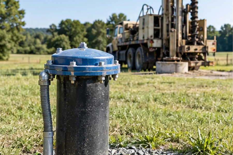 A capped well casing stands in a grassy field with a drilling truck behind it.