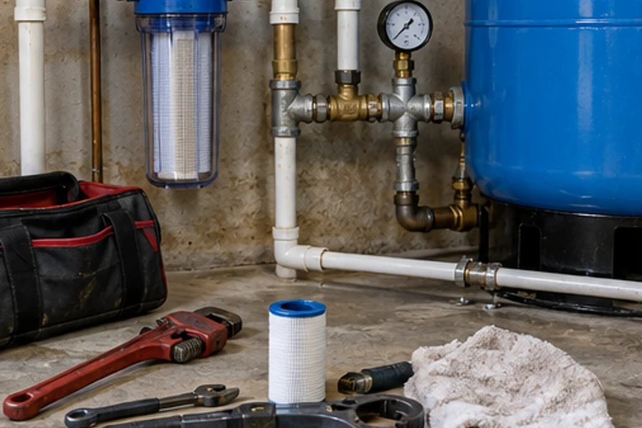 Tools and a filter cartridge lie beside a blue pressure tank, water filter and connected pipes.