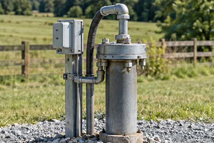 A metal well casing with pipes and an electrical control box stands on gravel beside a field.