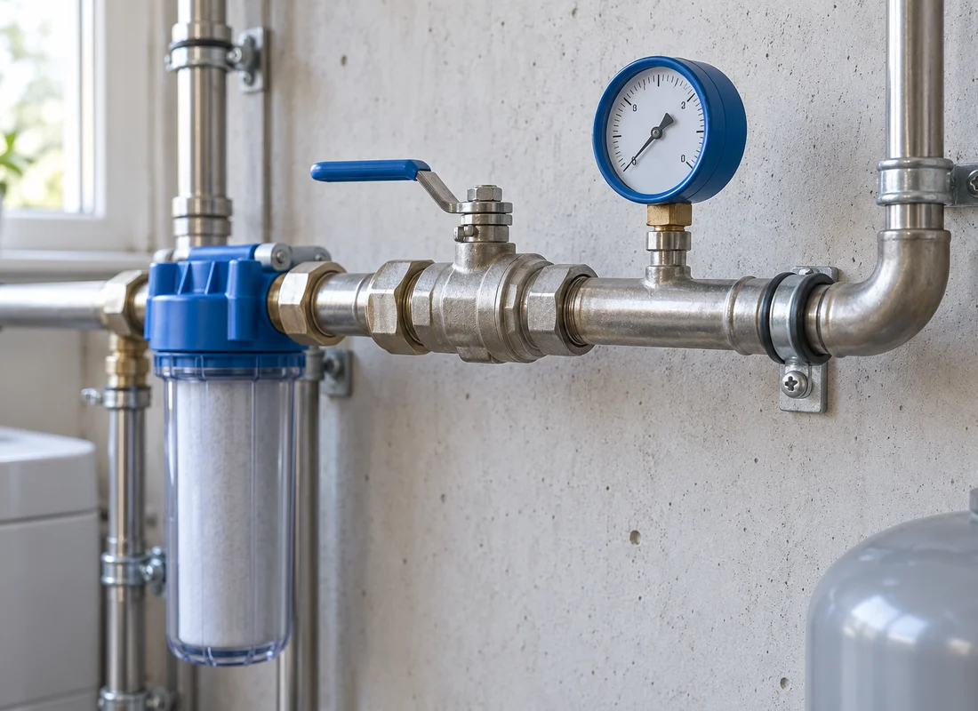 Metal water pipes hold a filter housing, blue-handled valve and pressure gauge against a concrete wall.
