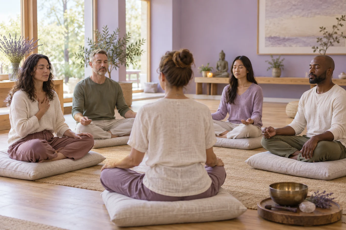 Five adults sit cross-legged on cushions in a softly lit room, several with their eyes closed.