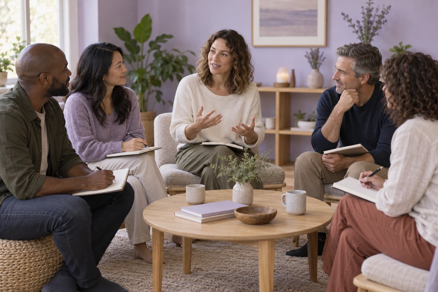 Five adults sit around a coffee table, talking and holding notebooks in a softly lit room.