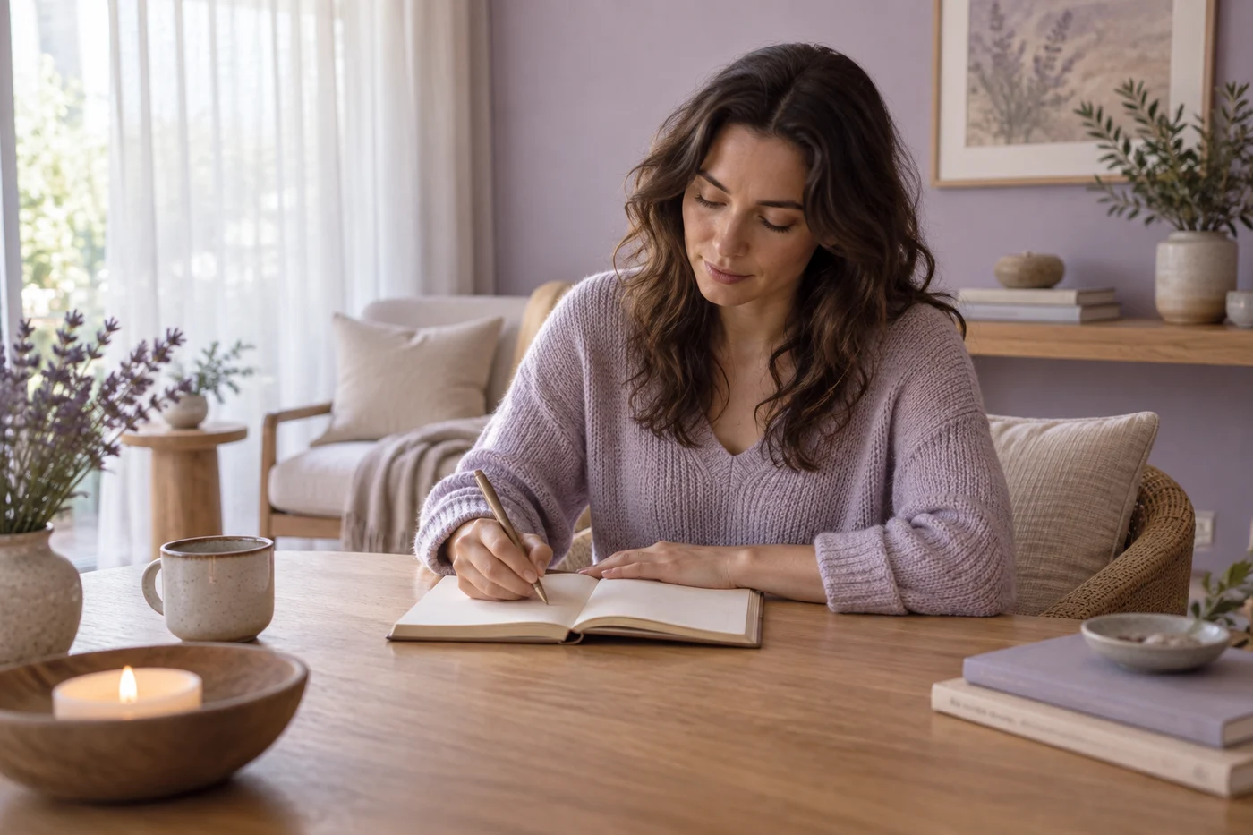 A woman writes in an open notebook at a wooden table beside a mug and a lit candle.