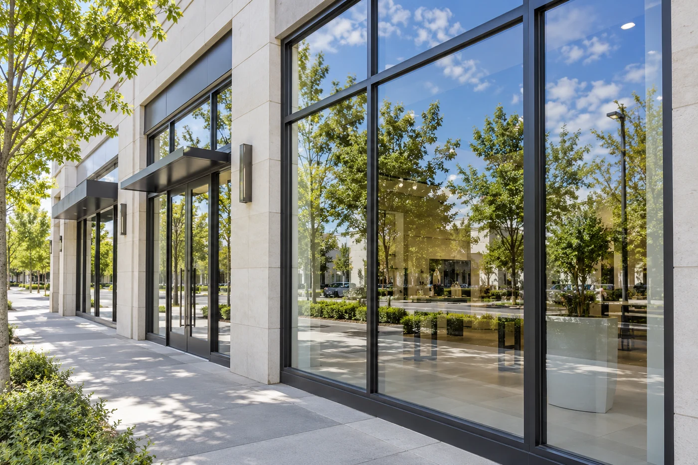 Large black-framed storefront windows and glass doors line a tree-shaded sidewalk.