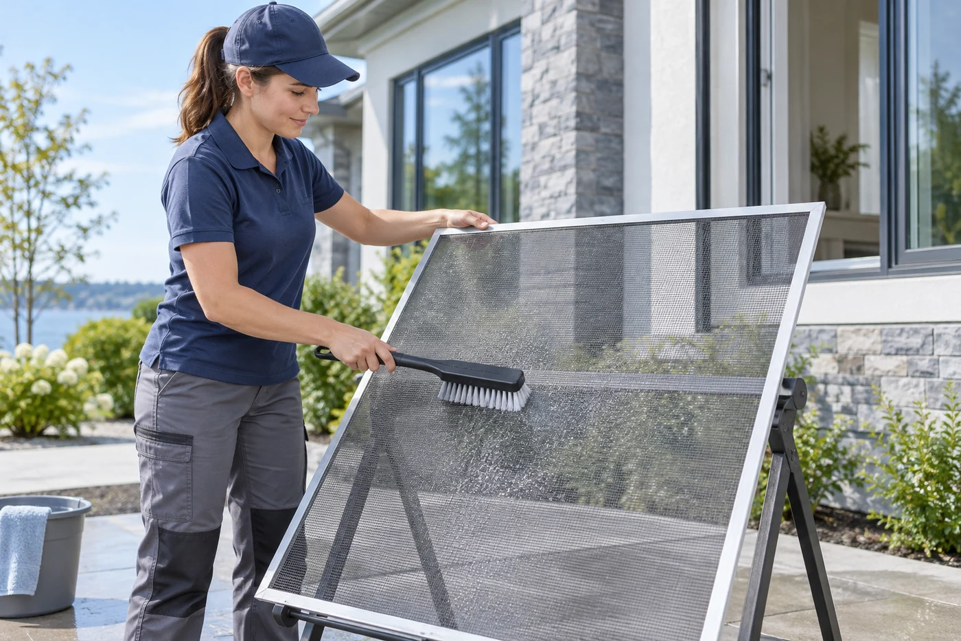 A worker scrubs a detached window screen with a brush outside a house.