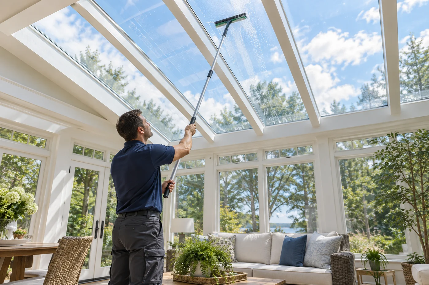 A worker uses a long-handled squeegee to clean glass roof panels inside a sunroom.
