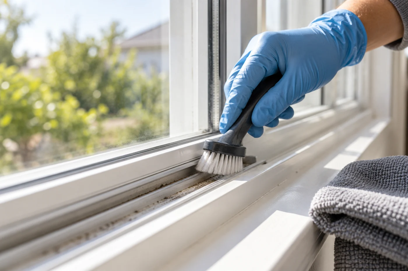 A blue-gloved hand scrubs a white window track with a small brush beside folded cloths.